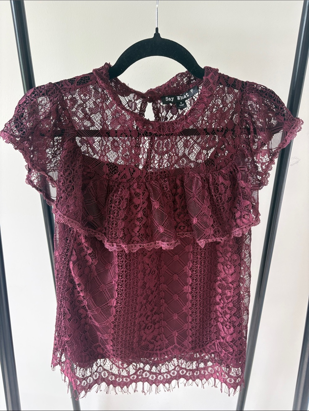 Say What? Wine/Burgundy Lace Ruffle Blouse